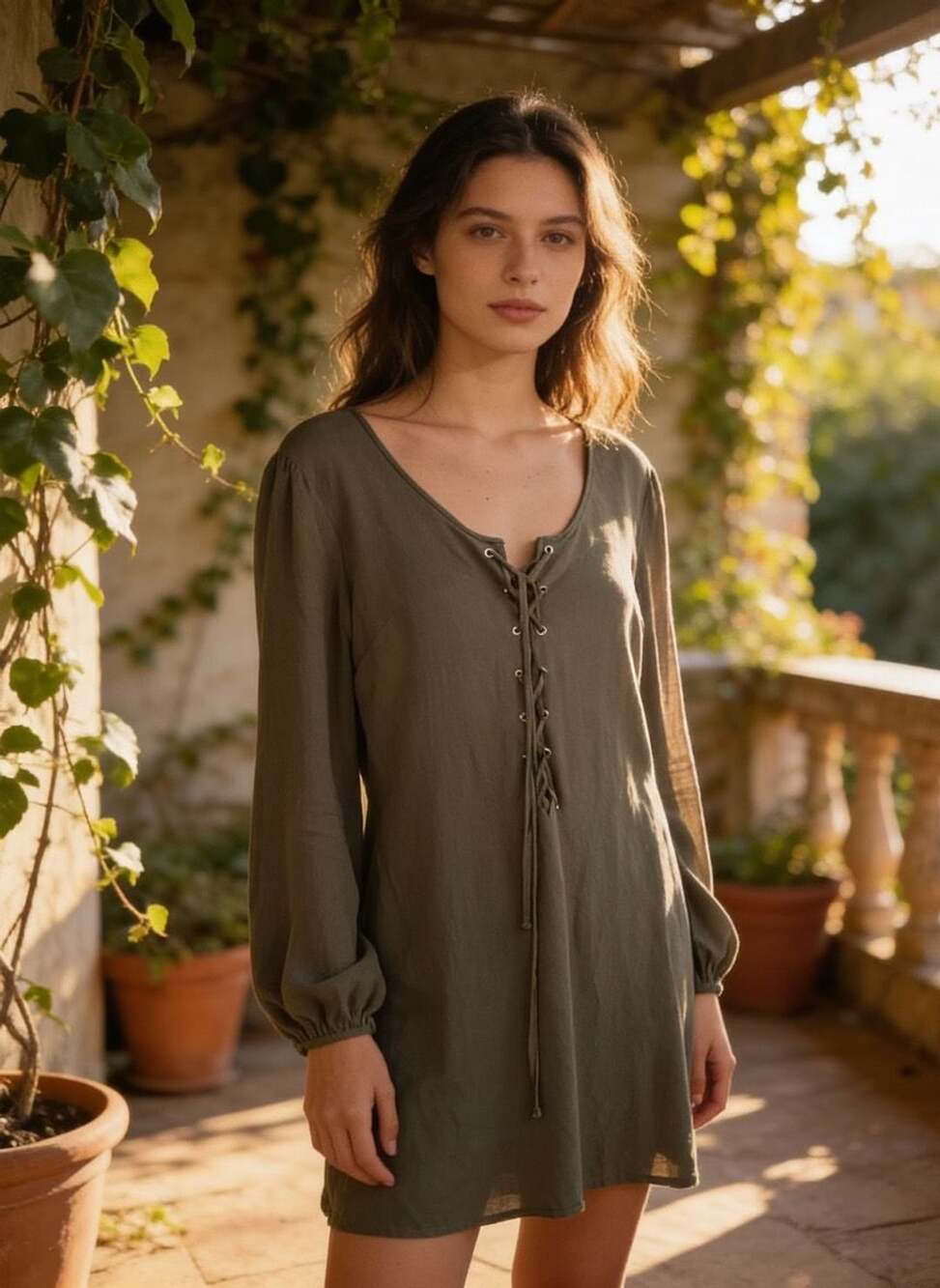 Kendall + Kylie Olive Green Long Sleeve Lace-Up Front Mini Dress Medium